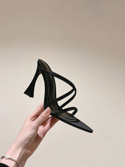 HIGH HEEL MULE 10 CM IN BLACK SATIN WITH RHINESTONES