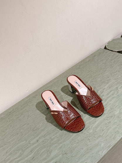 JEWELLED HEEL 55 MULE SANDALS IN RUSET BROWN CALFSKIN