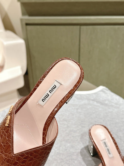 JEWELLED HEEL 55 MULE SANDALS IN RUSET BROWN CALFSKIN