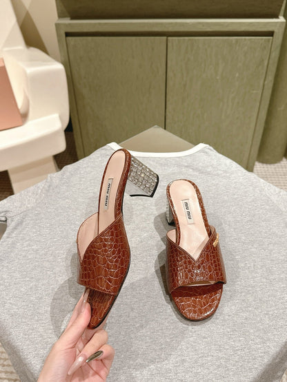 JEWELLED HEEL 55 MULE SANDALS IN RUSET BROWN CALFSKIN