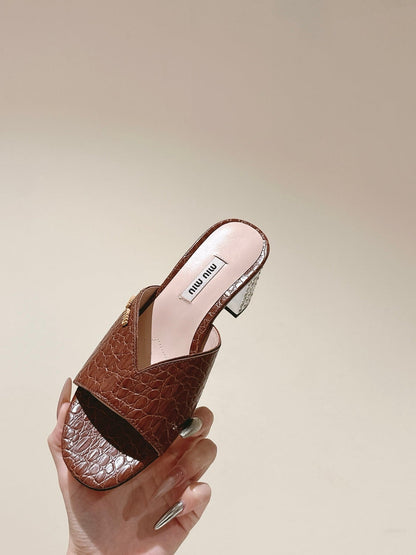 JEWELLED HEEL 55 MULE SANDALS IN RUSET BROWN CALFSKIN