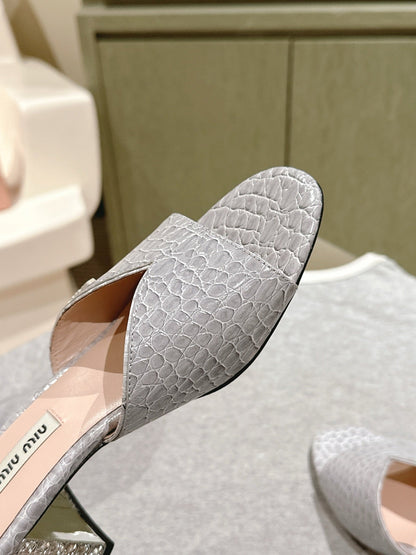 JEWELLED HEEL 55 MULE SANDALS IN SILVER CALFSKIN