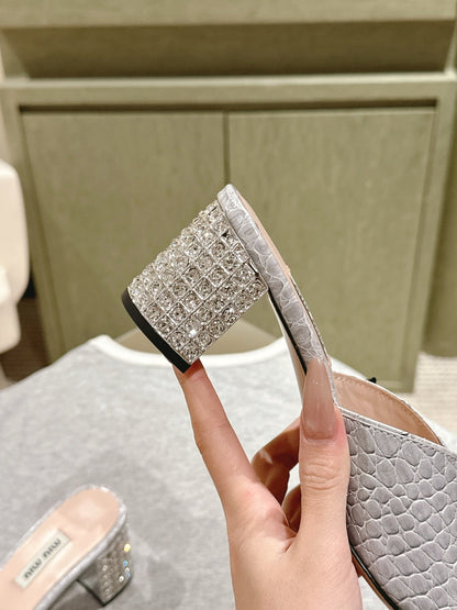 JEWELLED HEEL 55 MULE SANDALS IN SILVER CALFSKIN