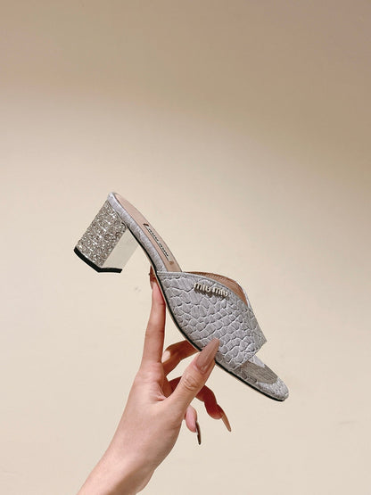 JEWELLED HEEL 55 MULE SANDALS IN SILVER CALFSKIN