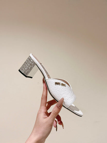 JEWELLED HEEL 55 MULE SANDALS IN WHITE CALFSKIN