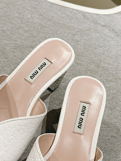JEWELLED HEEL 55 MULE SANDALS IN WHITE CALFSKIN