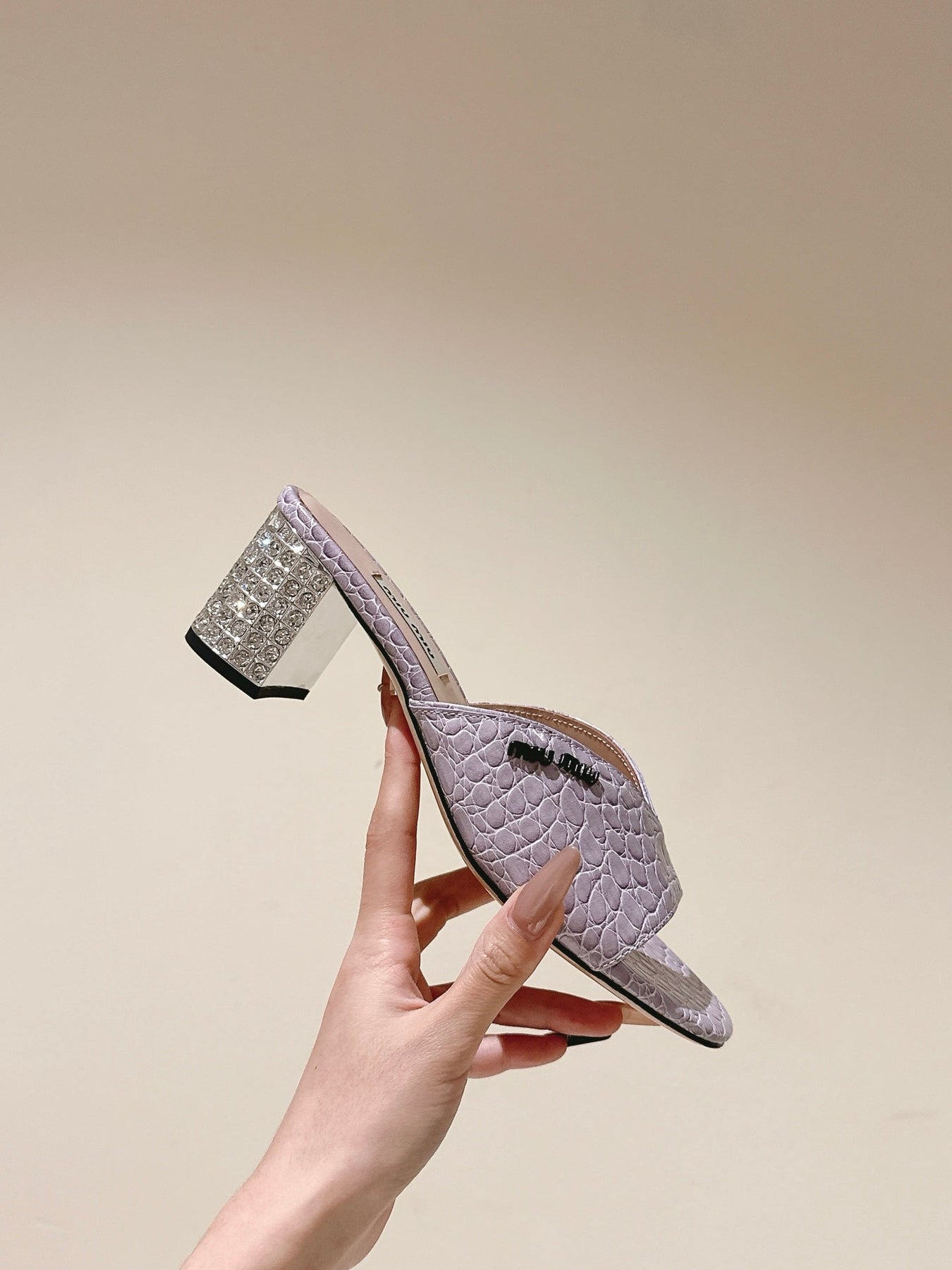 JEWELLED HEEL 55 MULE SANDALS IN PASTEL PURPLE CALFSKIN