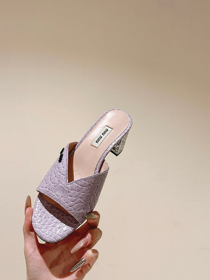JEWELLED HEEL 55 MULE SANDALS IN PASTEL PURPLE CALFSKIN