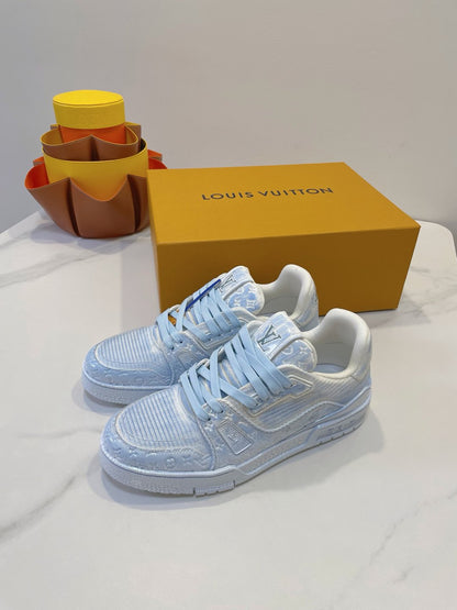 LV TRAINER MAXI SNEAKER IN WHITE MIX LIGHT BLUE EMBOSSED CALFSKIN