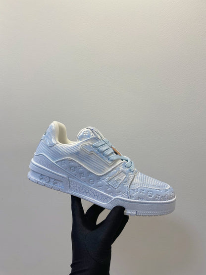 LV TRAINER MAXI SNEAKER IN WHITE MIX LIGHT BLUE EMBOSSED CALFSKIN
