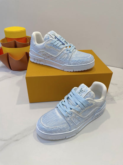 LV TRAINER MAXI SNEAKER IN WHITE MIX LIGHT BLUE EMBOSSED CALFSKIN