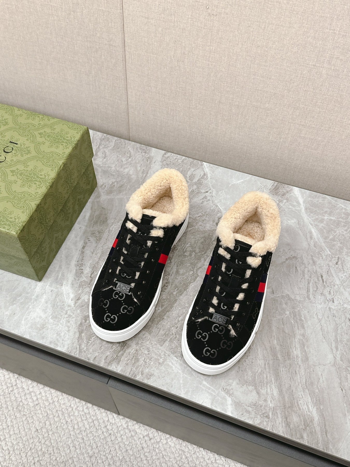 GG ACE SNEAKER WITH WEB IN BLACK EMBOSSED SUEDE AND WOOL LINING
