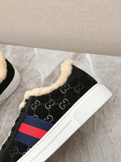 GG ACE SNEAKER WITH WEB IN BLACK EMBOSSED SUEDE AND WOOL LINING