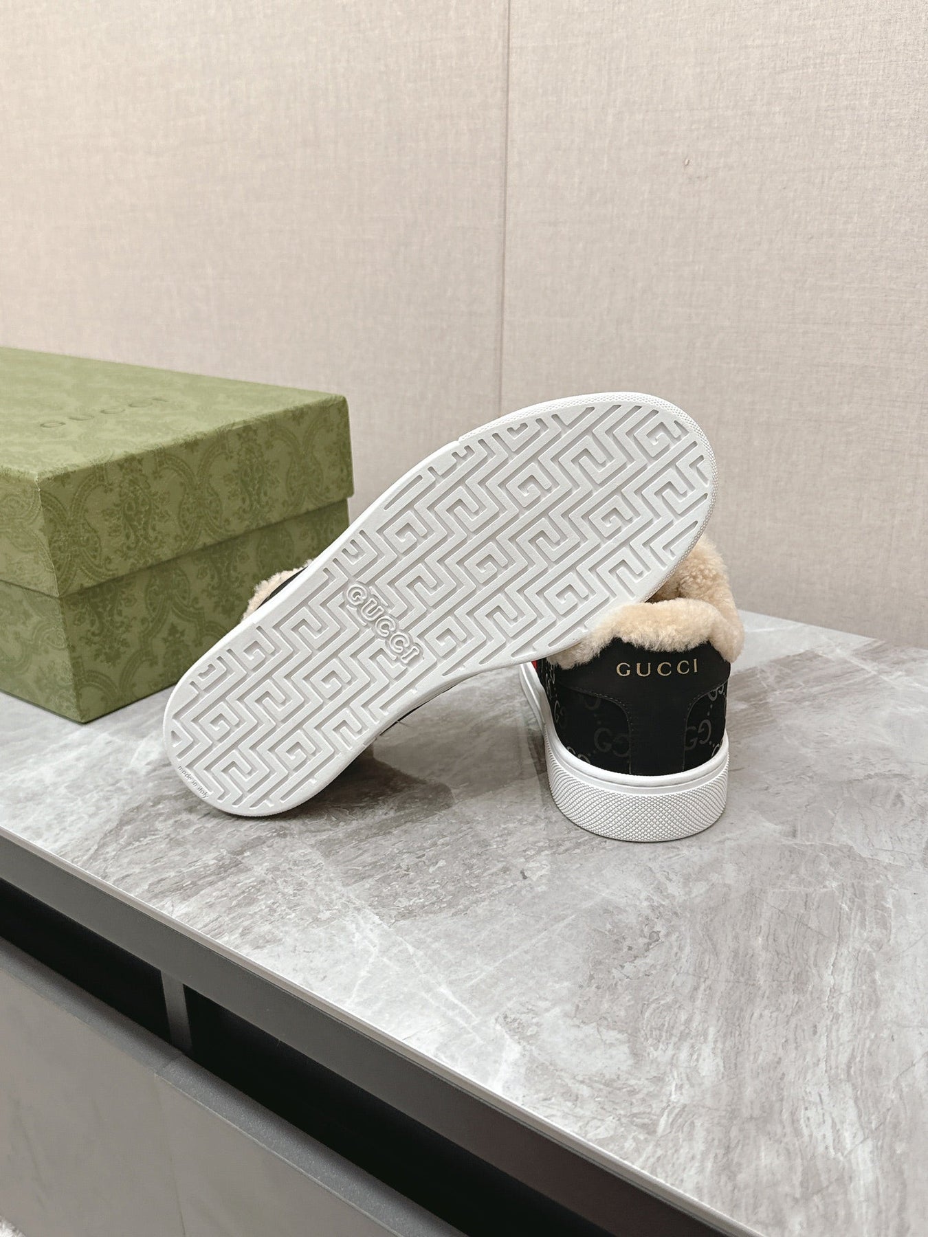 GG ACE SNEAKER WITH WEB IN BLACK EMBOSSED SUEDE AND WOOL LINING