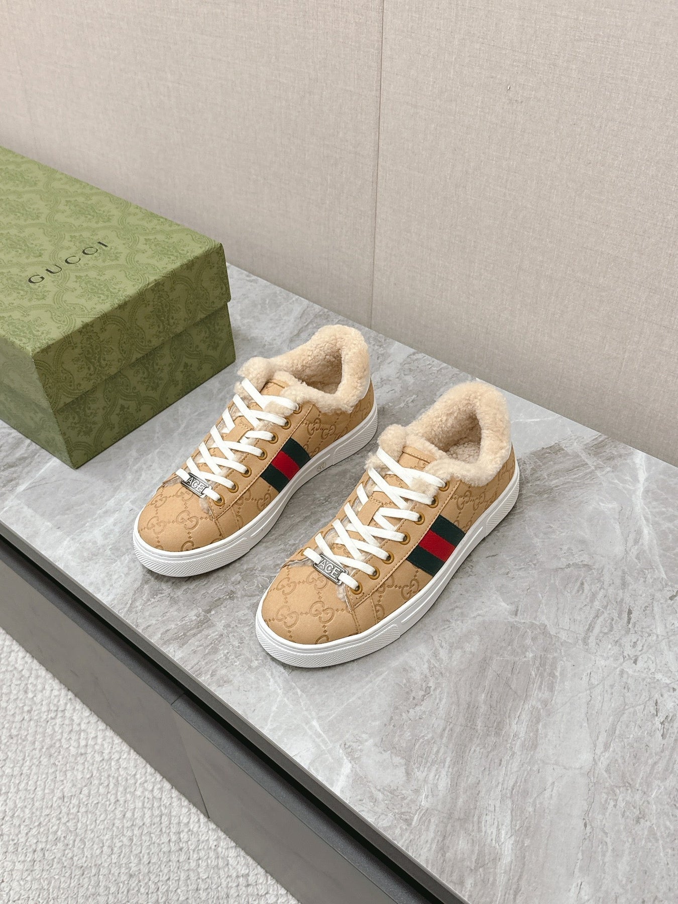 GG ACE SNEAKER WITH WEB IN BEIGE EMBOSSED SUEDE AND WOOL LINING