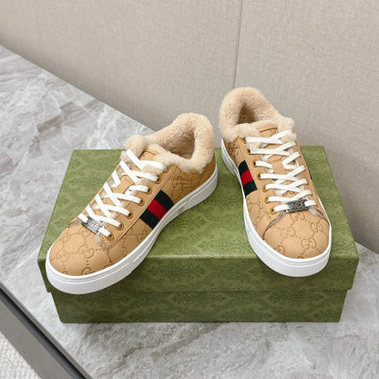 GG ACE SNEAKER WITH WEB IN BEIGE EMBOSSED SUEDE AND WOOL LINING