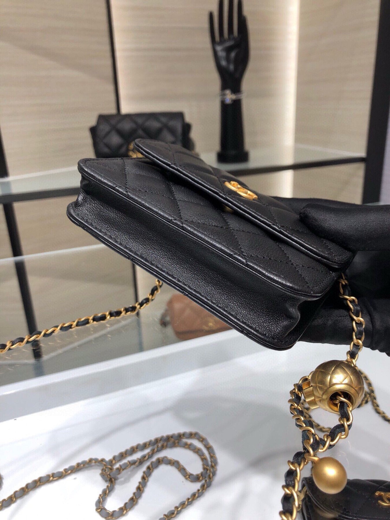 MINI FLAP BAG 12 IN BLACK QUILTED LAMBSKIN GOLD HARDWARE