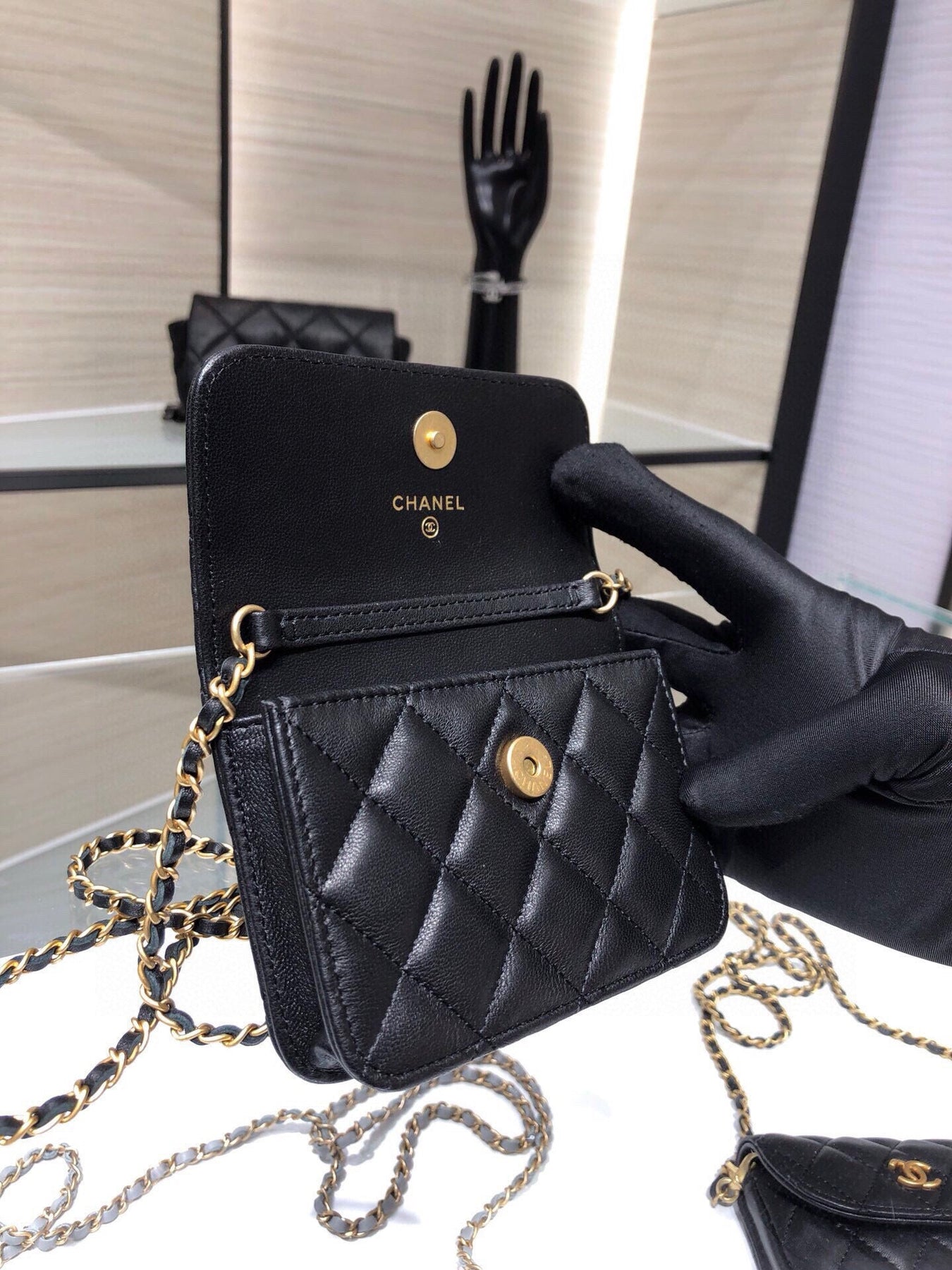 MINI FLAP BAG 12 IN BLACK QUILTED LAMBSKIN GOLD HARDWARE