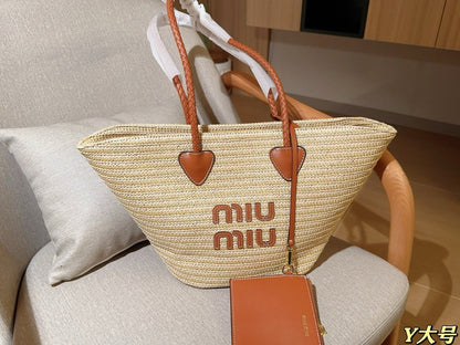 PALMETTO TOTE BAG 25 IN BEIGE WOVEN RAFFIA BROWN CALFSKIN TRIM