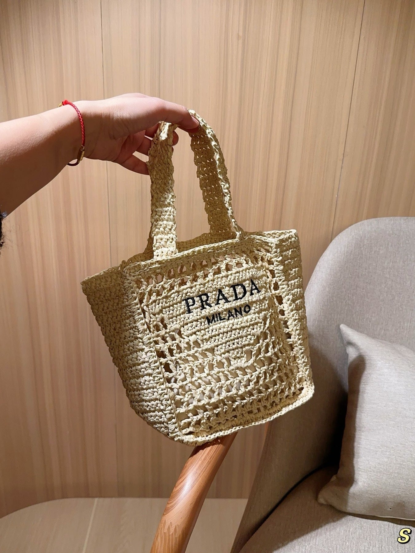 EMBROIDED LOGO MINI TOTE BAG 23 IN OFF WHITE WOVEN RAFFIA