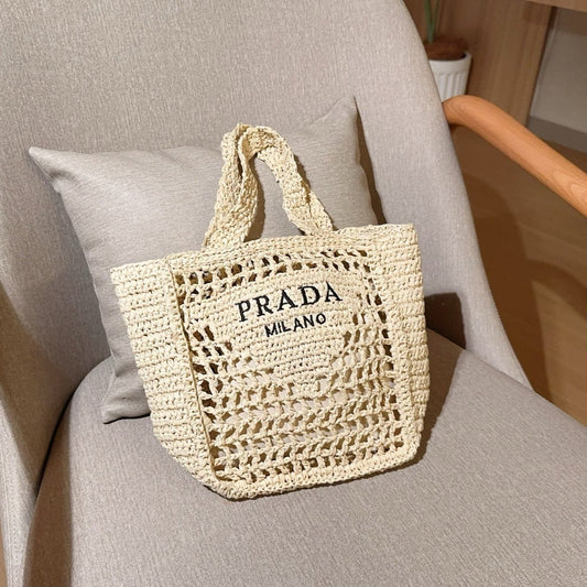 EMBROIDED LOGO MINI TOTE BAG 23 IN OFF WHITE WOVEN RAFFIA