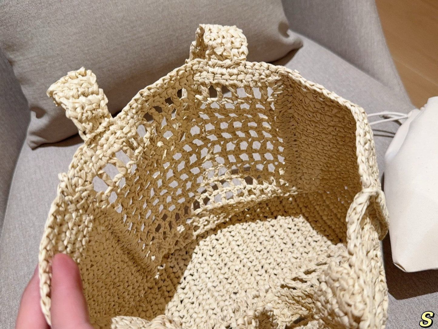 EMBROIDED LOGO MINI TOTE BAG 23 IN OFF WHITE WOVEN RAFFIA