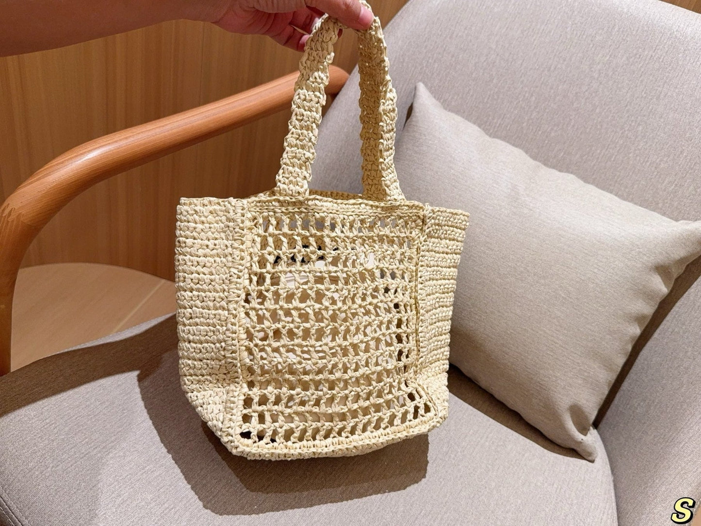 EMBROIDED LOGO MINI TOTE BAG 23 IN OFF WHITE WOVEN RAFFIA