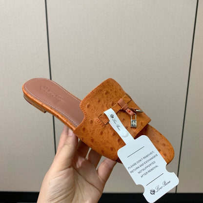 FLAT SLIPPERS IN ORANGE LAMBSKIN OSTRICH SKIN