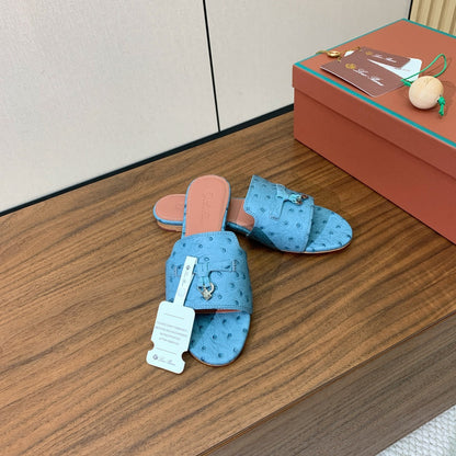 FLAT SLIPPERS IN LIGHT BLUE LAMBSKIN OSTRICH SKIN