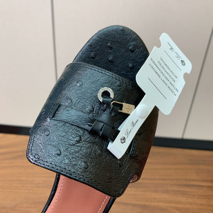 FLAT SLIPPERS IN BLACK LAMBSKIN OSTRICH SKIN
