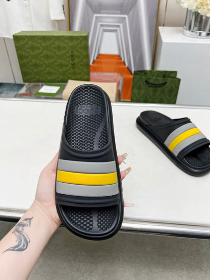 PLATFORM SLIPPERS IN BLACK MIX GRAY AND YELLOW IMPORTED TPU