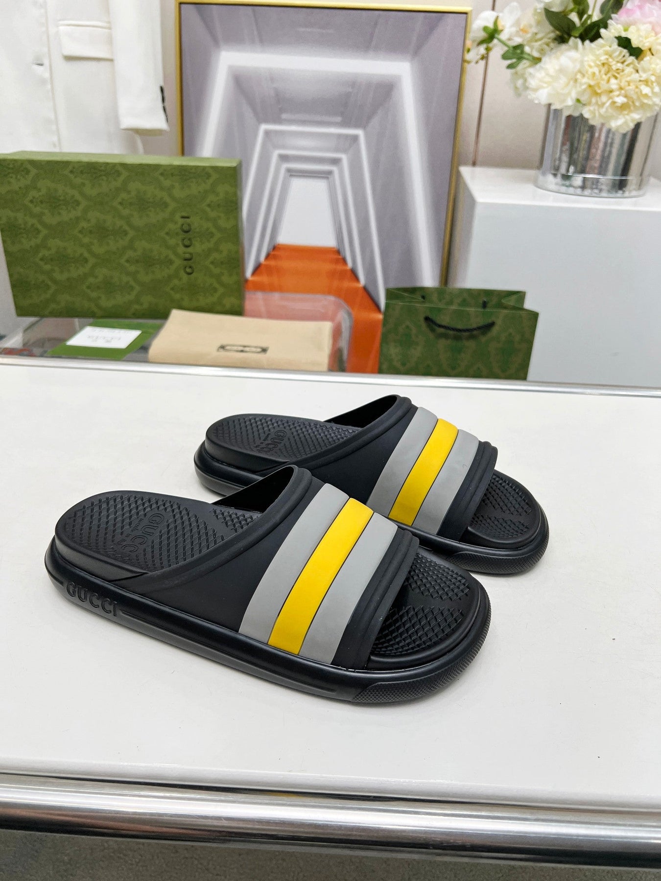 PLATFORM SLIPPERS IN BLACK MIX GRAY AND YELLOW IMPORTED TPU