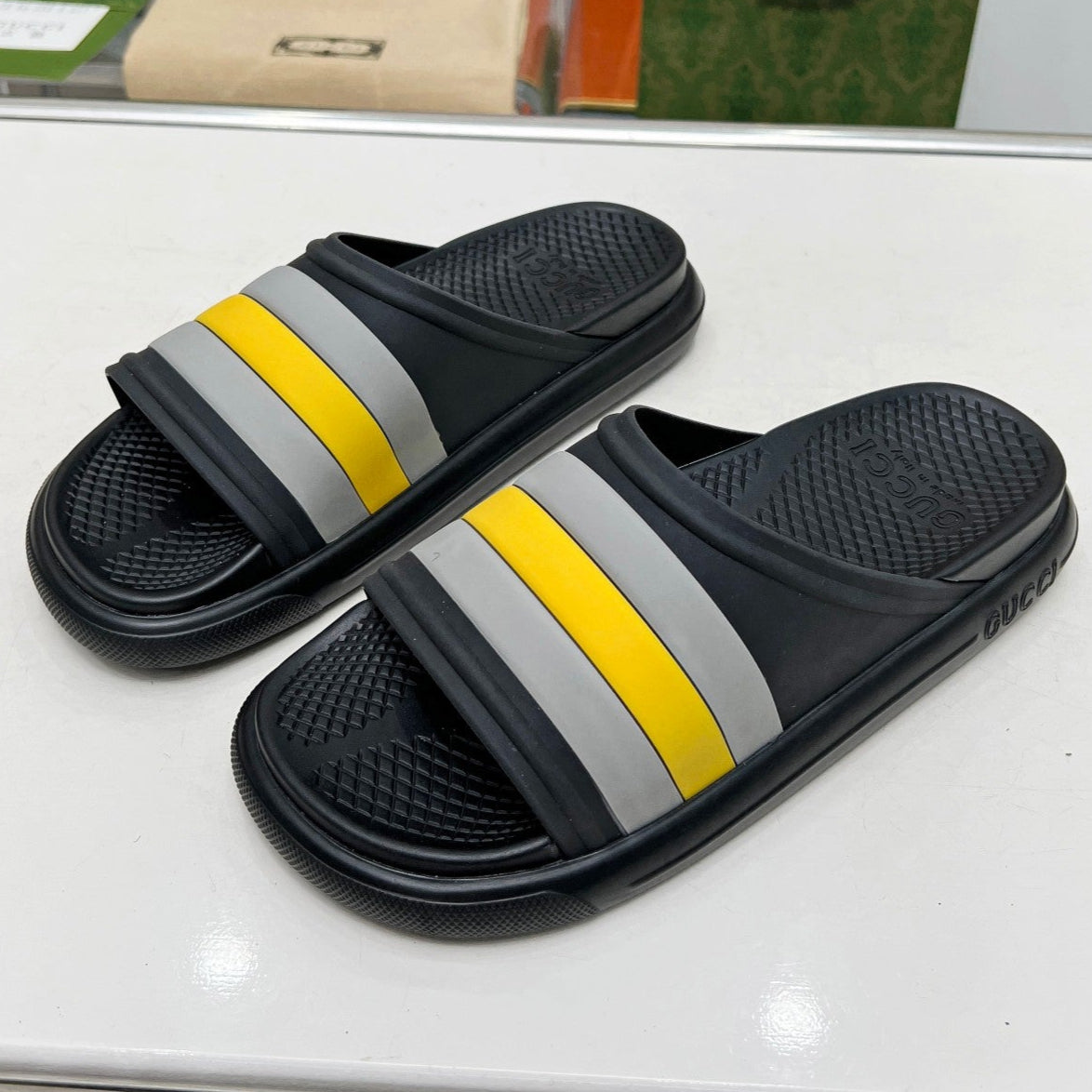 PLATFORM SLIPPERS IN BLACK MIX GRAY AND YELLOW IMPORTED TPU