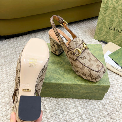 GG HIGH - HEEL SLINGBACK WITH HORSEBIT LIGHT BROWN CALFSKIN