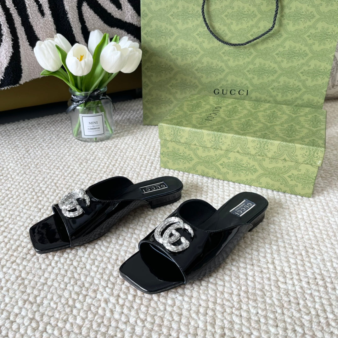 GG CRYSTAL SLIDES SANDAL BLACK CALFSKIN