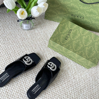 GG CRYSTAL SLIDES SANDAL BLACK CALFSKIN