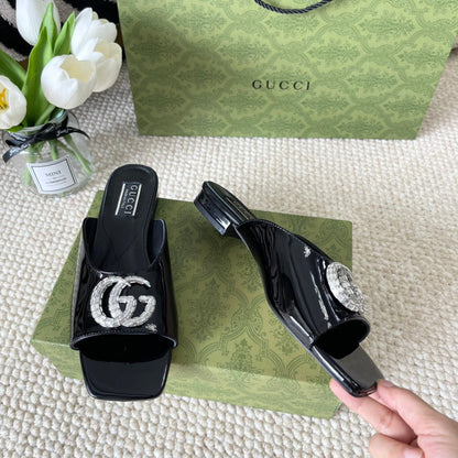 GG CRYSTAL SLIDES SANDAL BLACK CALFSKIN