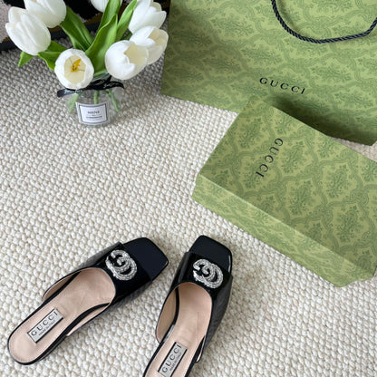 GG CRYSTAL SLIDES SANDAL BLACK AND CREAM CALFSKIN