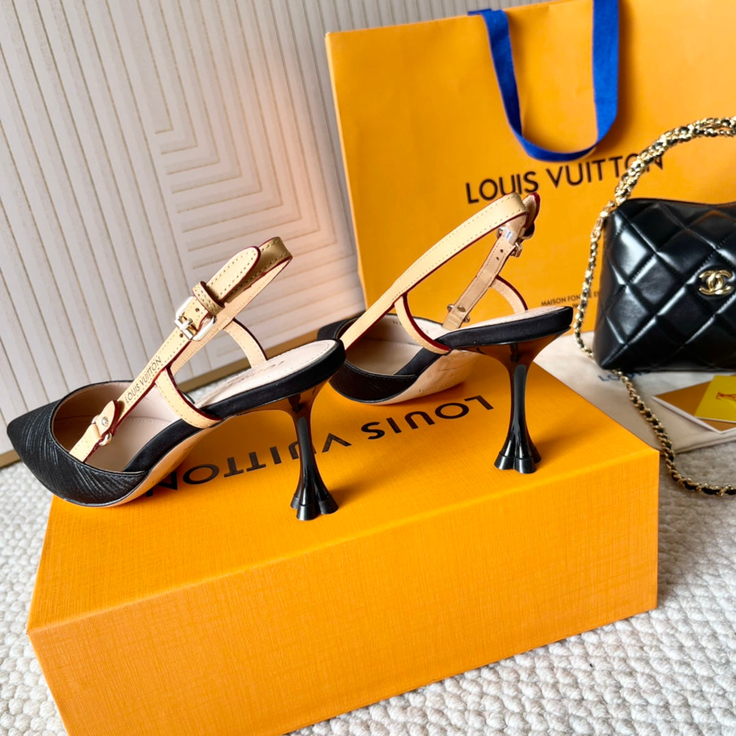 BLOSSOM PUMP SLINGBACKS 75 MM IN BLACK IMPORTED STRIPED SILK SATIN