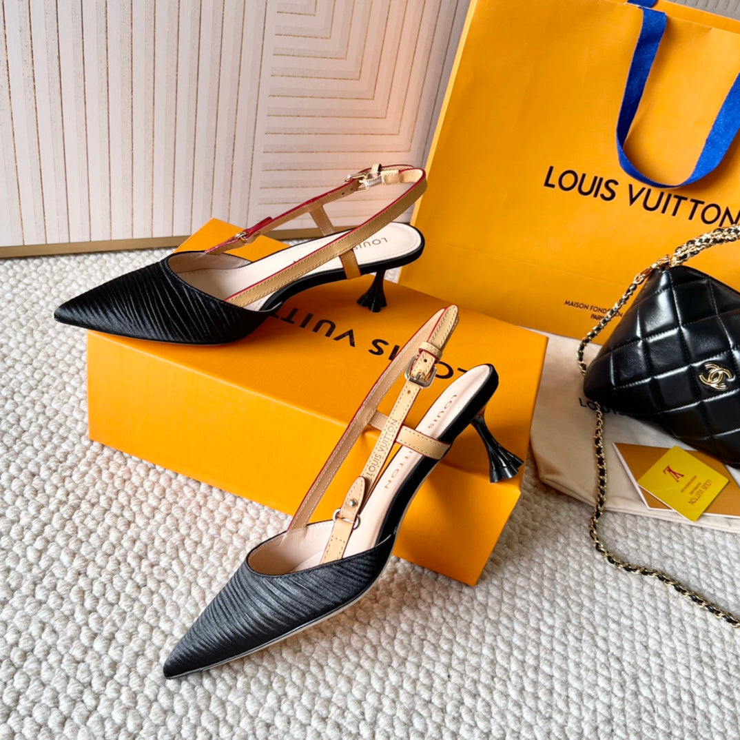 BLOSSOM PUMP SLINGBACKS 55 MM IN BLACK IMPORTED STRIPED SILK SATIN