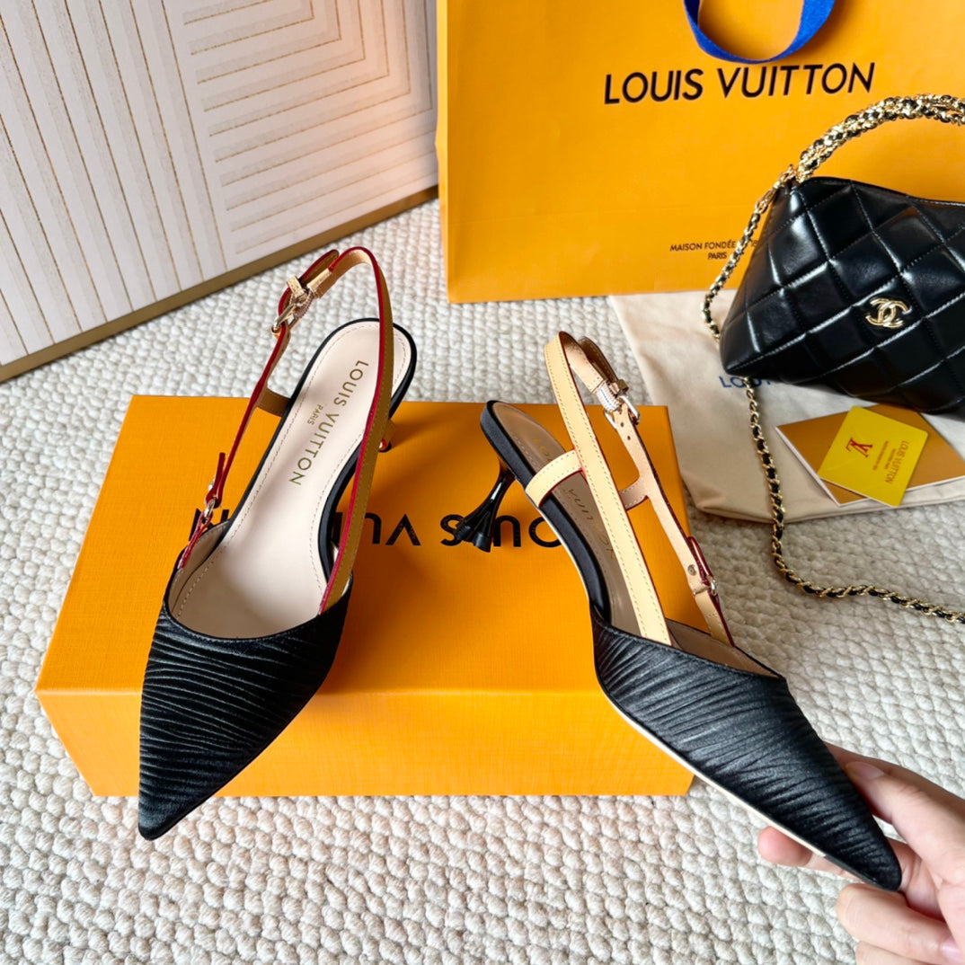 BLOSSOM PUMP SLINGBACKS 55 MM IN BLACK IMPORTED STRIPED SILK SATIN