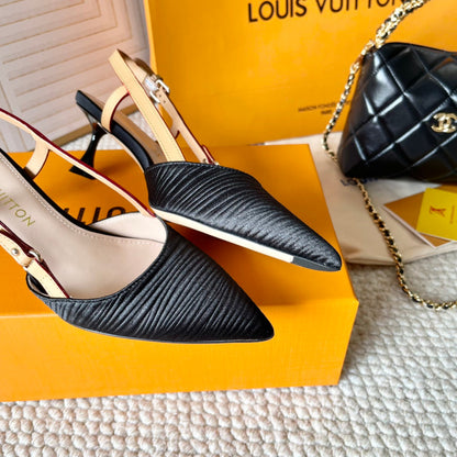 BLOSSOM PUMP SLINGBACKS 55 MM IN BLACK IMPORTED STRIPED SILK SATIN