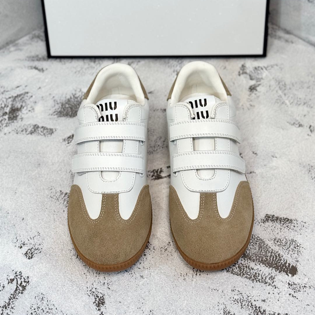 RETRO SNEAKERS WITH RIPTAPE STRAPS IN WHITE LAMBSKIN MIX PEANUT SUEDE