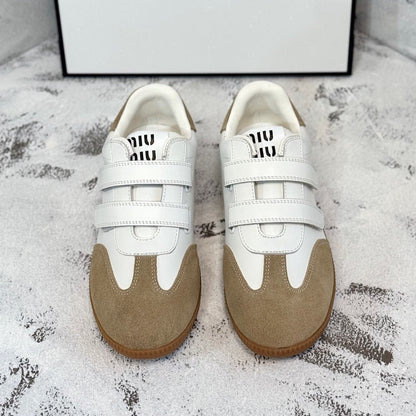 RETRO SNEAKERS WITH RIPTAPE STRAPS IN WHITE LAMBSKIN MIX PEANUT SUEDE