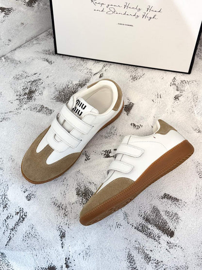 RETRO SNEAKERS WITH RIPTAPE STRAPS IN WHITE LAMBSKIN MIX PEANUT SUEDE