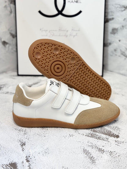 RETRO SNEAKERS WITH RIPTAPE STRAPS IN WHITE LAMBSKIN MIX PEANUT SUEDE