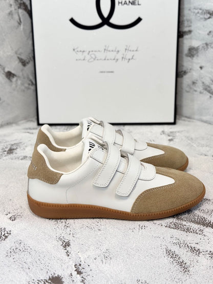 RETRO SNEAKERS WITH RIPTAPE STRAPS IN WHITE LAMBSKIN MIX PEANUT SUEDE