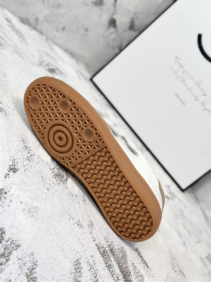 RETRO SNEAKERS WITH RIPTAPE STRAPS IN WHITE LAMBSKIN MIX PEANUT SUEDE