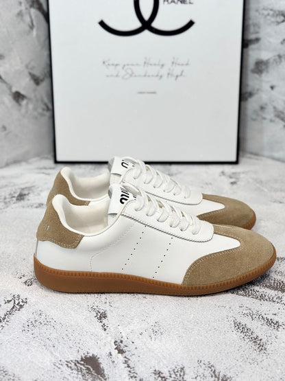 RETRO SNEAKERS IN WHITE LAMBSKIN MIX PEANUT SUEDE