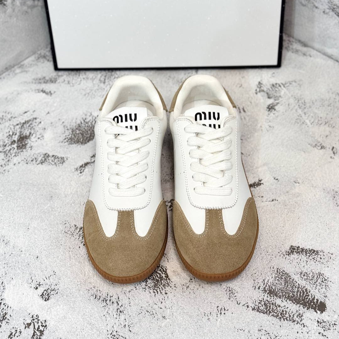 RETRO SNEAKERS IN WHITE LAMBSKIN MIX PEANUT SUEDE